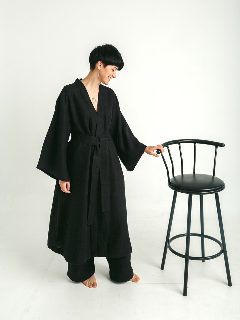 Black linen kimono. Unisex organic clothing.