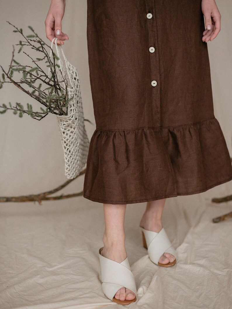 Linen long dress with ruffle and puff sleeve. Handmade Boho dress for women. Button up linen dress. Cute summer dress. image 5