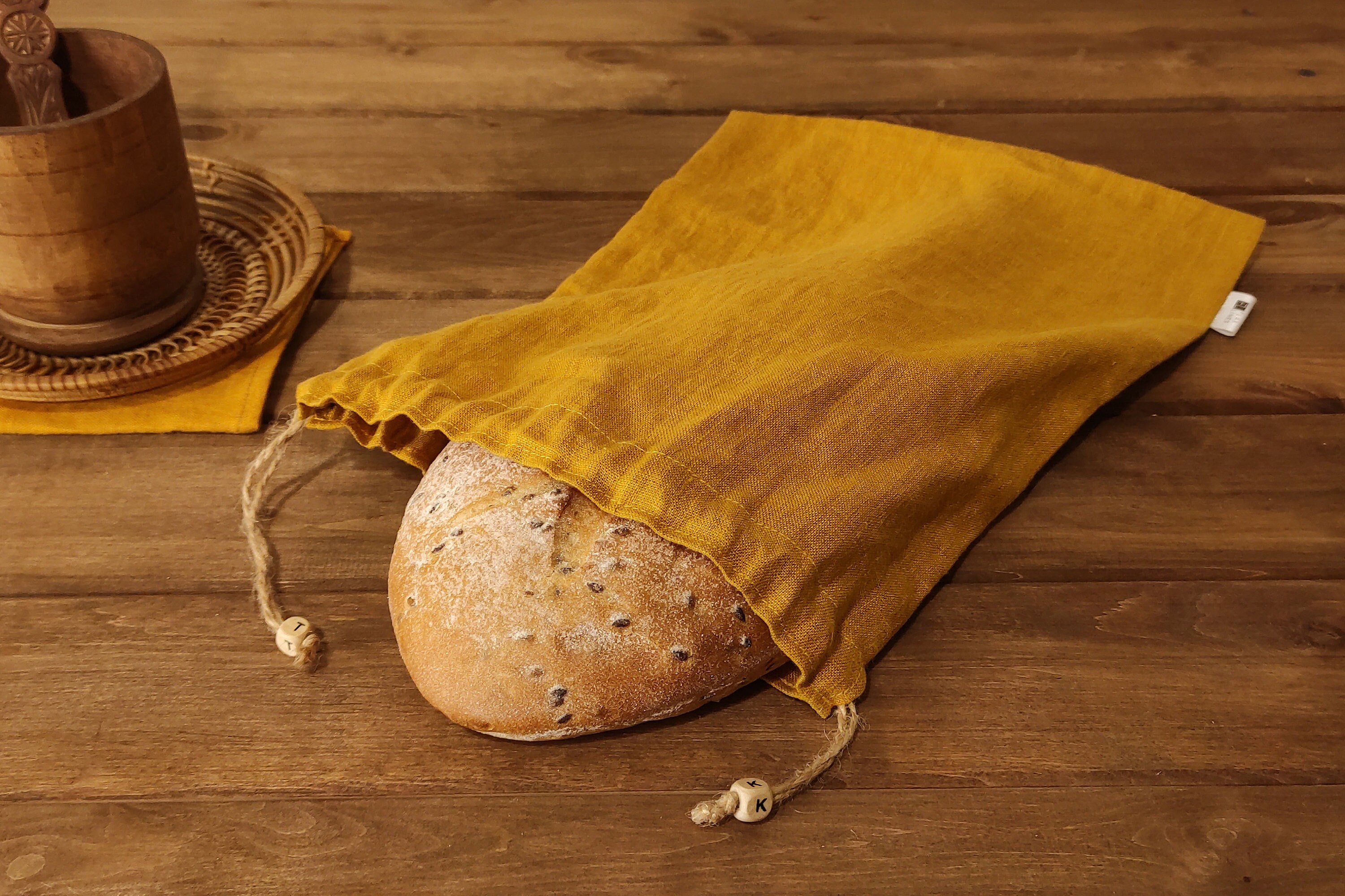 Drawstring Linen Bread Bag. Mustard Yellow Linen Bread Storage Bag