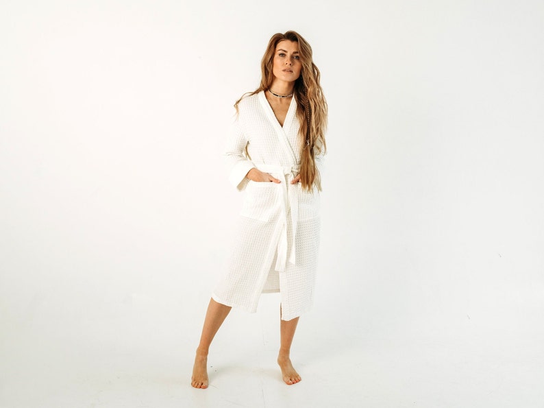 Waffle linen robe for women. Plus size wrap bath robe. Long robes with a pockets in various colors. image 4