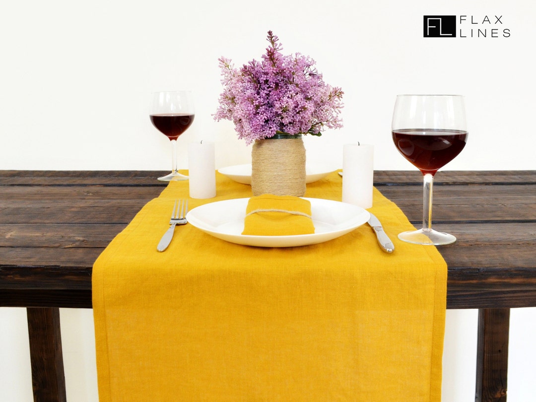 Linen Table Runner. Color Mustard Yellow. Handmade Linen Table Runners