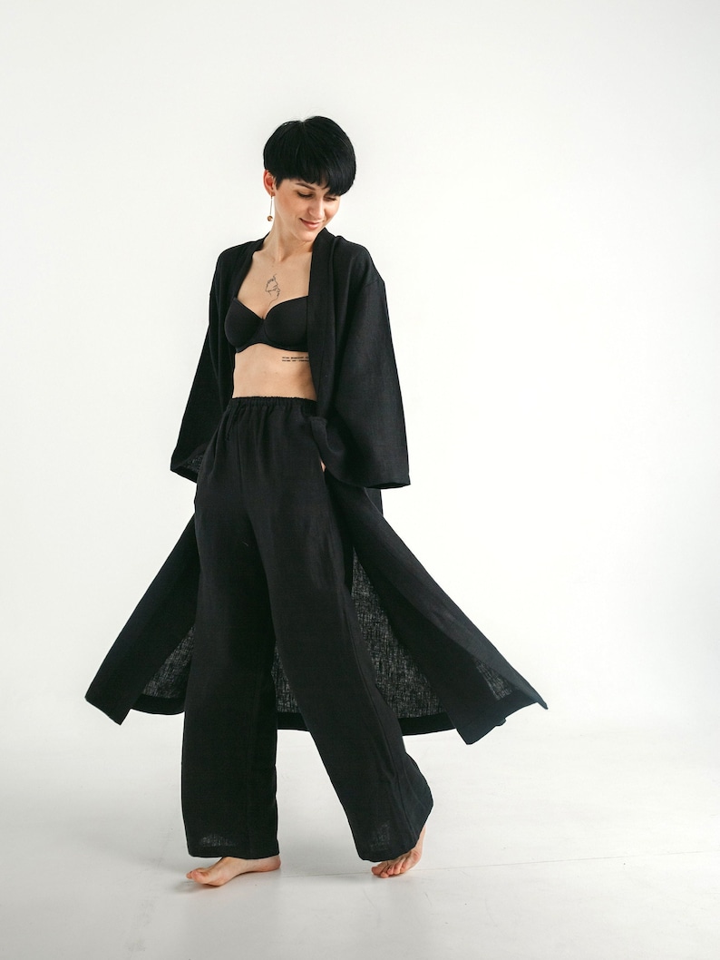 Long linen kimono an wide leg pants.