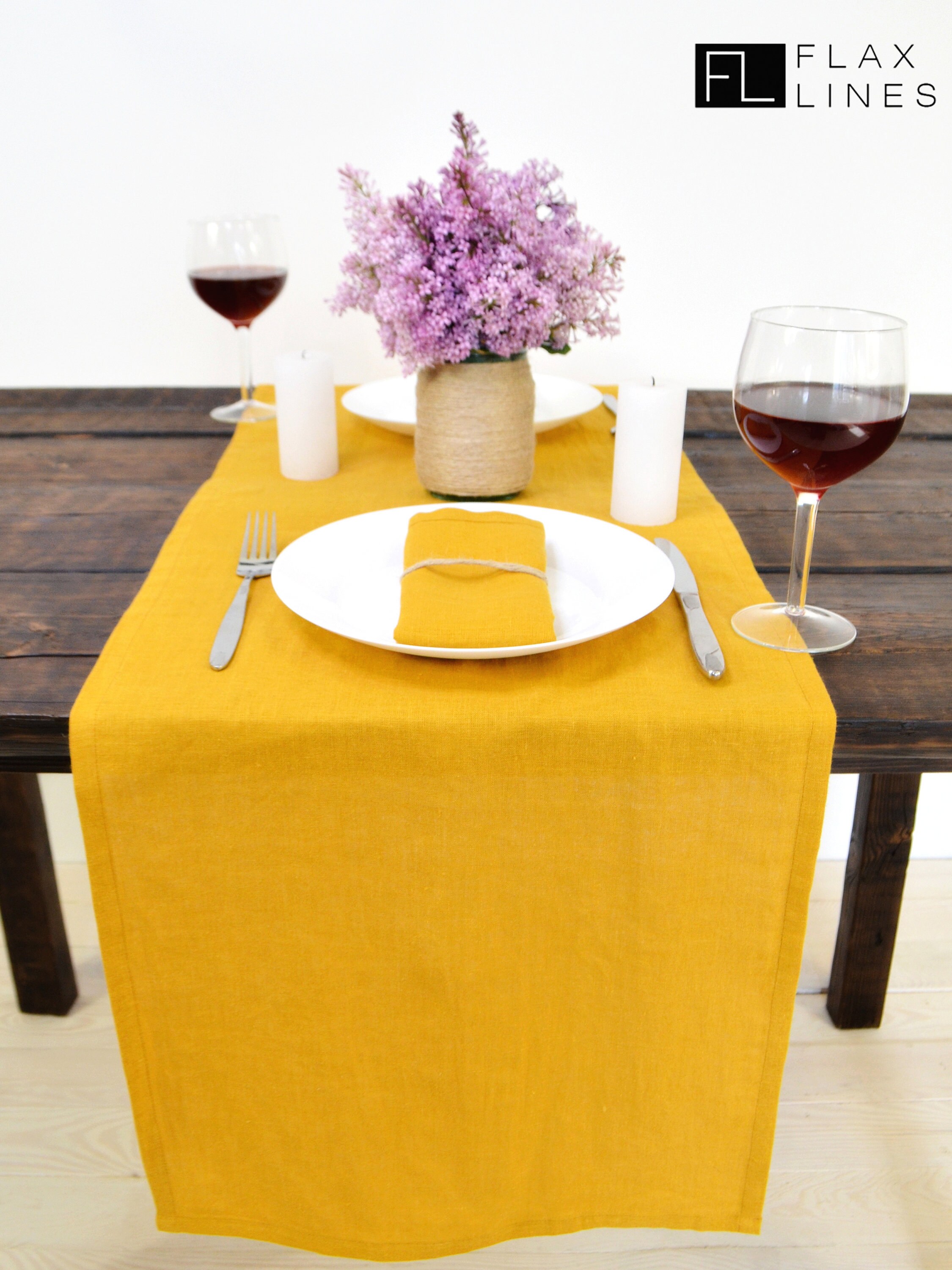 Linen Table Runner. Color Mustard Yellow. Handmade Linen Table Runners