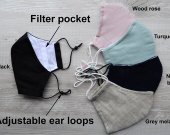 Premium linen face mask, with filter pocket. Three layer autumn fall face masks. Organic fabric and adjustable ear loops.