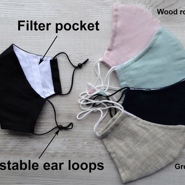 Premium linen face mask, with filter pocket. Three layer autumn fall face masks. Organic fabric and adjustable ear loops.