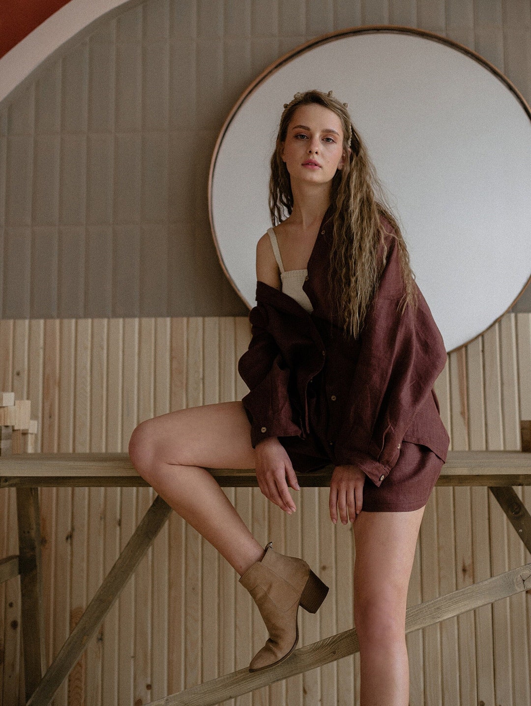 Button-Front Cotton & Linen Shorts Set