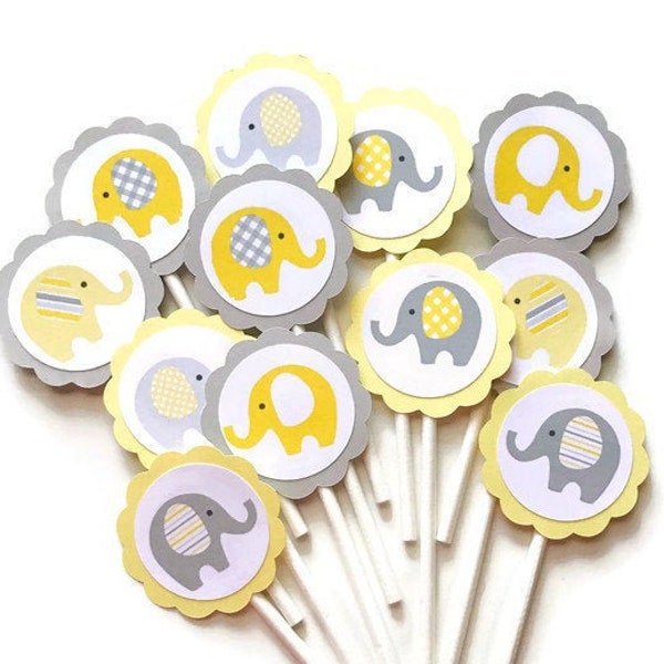 Elephant Baby Shower - Grey And Yellow Baby Shower - Yellow Elephant Baby Shower - Yellow Elephant Cupcake Toppers - Elephant Baby Shower