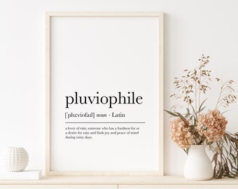 Pluviophile Definition Print, Rain Lover Gift, Dictionary Artwork, Nordic Print, Printable Wall Art, Typography Poster, Digital Download