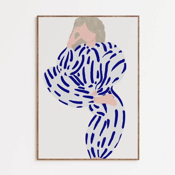 Abstracte vrouw print, moderne vrouwelijke schilderkunst, Scandinavische poster, minimale blauwe muurkunst, Scandinavische kunst, afdrukbare muurkunst, digitale download