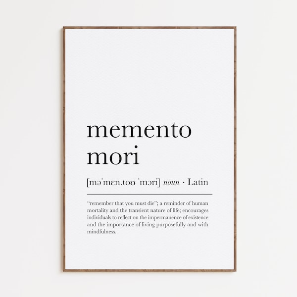 Impression de définition Memento Mori, oeuvre de dictionnaire, définition de mot latin, cadeau philosophie, stoïciens citation art mural imprimable, téléchargement numérique
