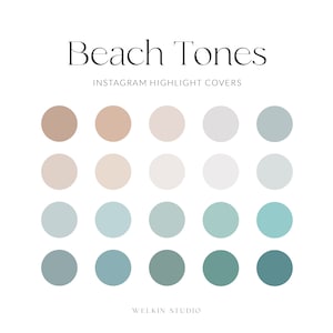 May include: A set of 18 Instagram highlight covers featuring a colour palette of beige, light grey, and blue tones. The text "Beach Tones" and "Instagram Highlight Covers" is displayed above the circles.