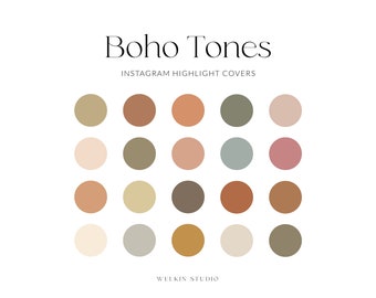 20 Boho Tones Solid Instagram Stories Highlight Covers, IG Stories Branding Colour Palette, Social Media Icon Hex Codes, Aesthetic Palette