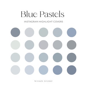 May include: A set of 20 blue and grey Instagram highlight covers. The covers are arranged in a grid of four rows and five columns. The colours range from light blue to dark grey.