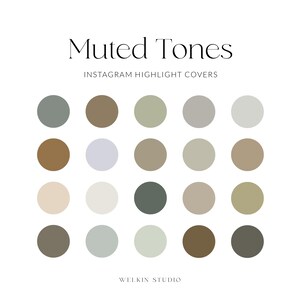 May include: A set of 18 muted tone colour swatches for Instagram highlight covers. The colours include various shades of brown, grey, and green.
