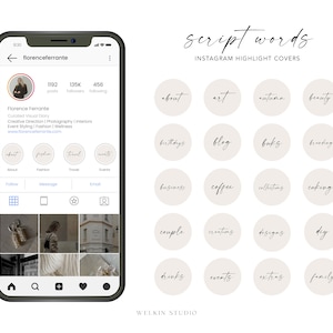 Pode incluir: Um smartphone exibe um perfil do Instagram e capas de destaque do Instagram em círculo bege com palavras em script como "about", "art", "autumn" e "beauty". As palavras estão em script preto. O perfil é para Florence Ferrante.