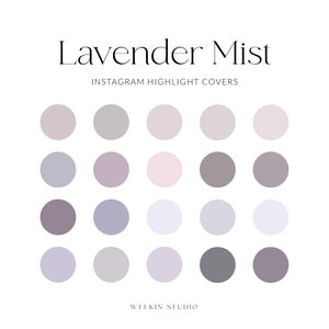 Puede incluir: Un conjunto de 16 cubiertas de destacados de Instagram en tonos lavanda, gris y blanco. El texto "Lavender Mist" y "INSTAGRAM HIGHLIGHT COVERS" está en la parte superior de la imagen. El texto "WELKIN STUDIO" está en la parte inferior de la imagen.