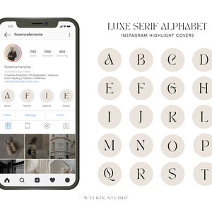 Capas de destaque de histórias do Instagram com 36 letras e números, marca Luxe Serif Alphabet IG Stories, estética neutra, conjunto de ícones femininos