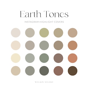 May include: A set of 20 Instagram highlight covers featuring a colour palette of earth tones. The colours include beige, brown, grey, green, and orange. The text "Earth Tones" and "Instagram Highlight Covers" is displayed at the top of the image. The text "Welkin Studio" is displayed at the bottom of the image.