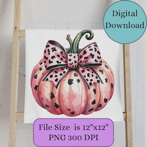 Pink Leopard Print Pumpkin with Bow, Digital Download, Halloween Decor, Fall Wall Art, Instant Download, Cute Pumpkin Art PNG