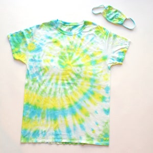 Blue and Yellow Spiral Tie Dye Shirt and Face Mask Set