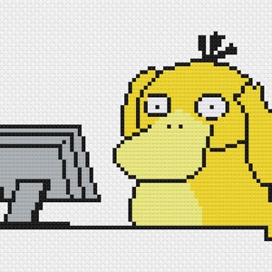 Könnte beinhalten: Eine gelbe, pixelartige Comicfigur mit einem überraschten Ausdruck sitzt vor einem grauen Computermonitor. Die Figur hat einen kleinen schwarzen Haarbüschel auf dem Kopf.