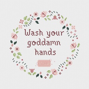 Wash Your Hands Modern Floral Cross Stitch Pattern, Funny Cross Stitch, Home Decor Instant Download