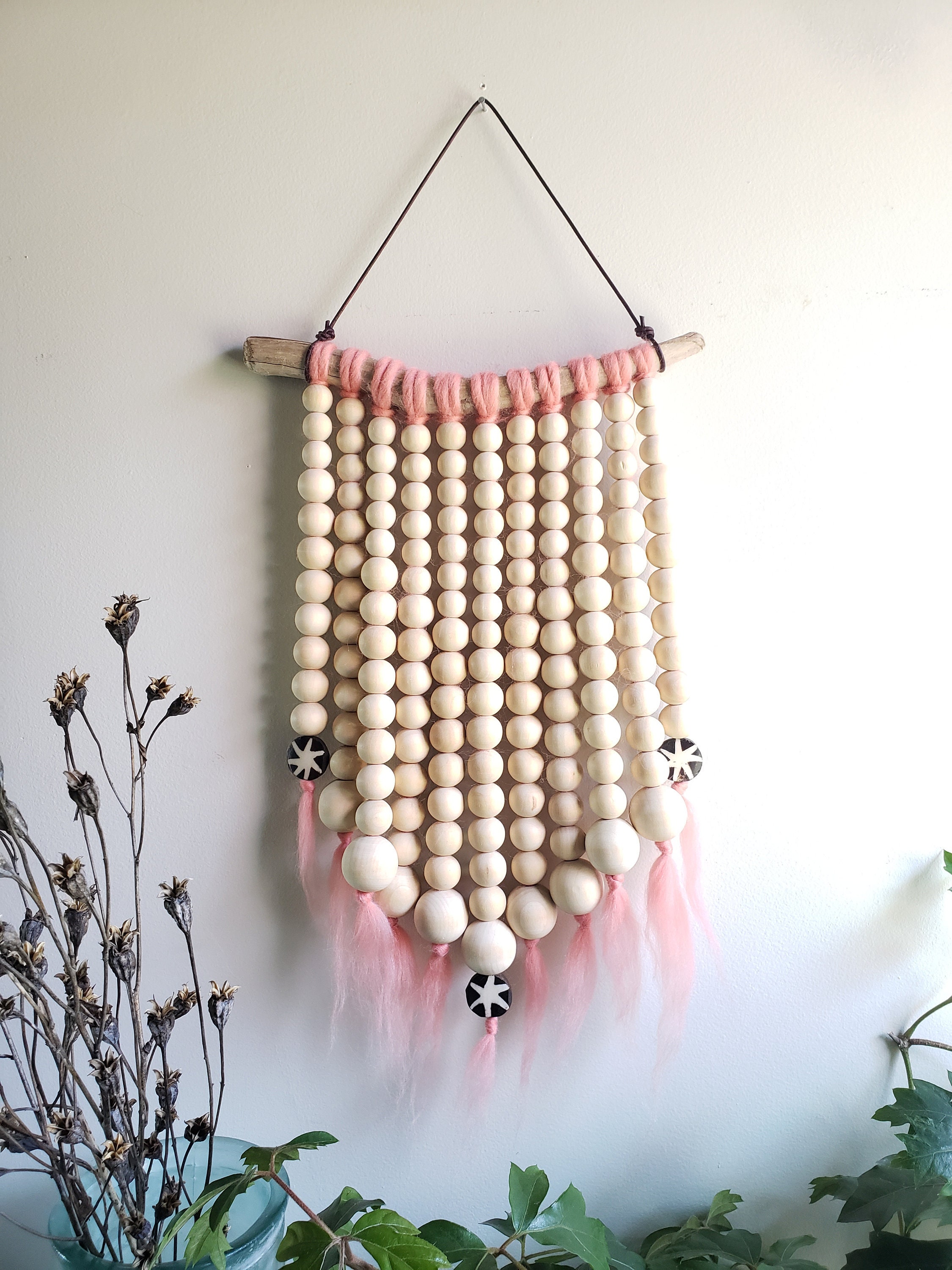 Natural wood beads wall hanging beaded wall decor pink Etsy