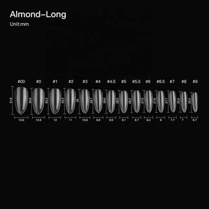 May include: A black background displays a diagram of almond-shaped, long nail tips. The diagram shows various sizes, with measurements in millimeters. The text "Almond-Long" and "Unit: mm" are at the top.