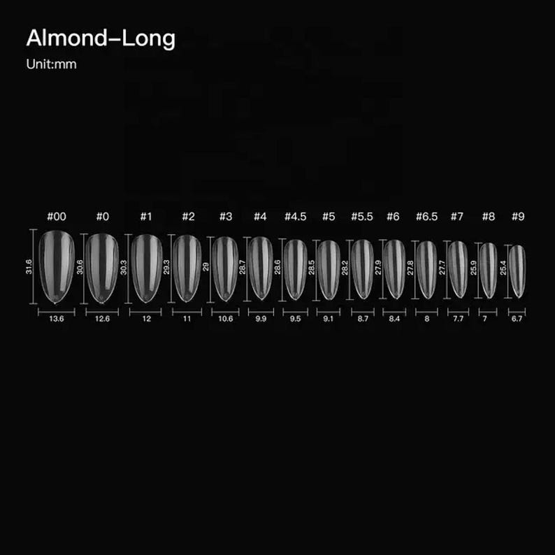 May include: A black background displays a diagram of almond-shaped, long nail tips. The diagram shows various sizes, with measurements in millimeters. The text "Almond-Long" and "Unit: mm" are at the top.