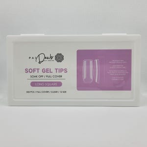 May include: A white box containing 500 clear, long square soft gel nail tips. The box has a pink background with the text "PAJ Dawb Nail Design" and "Soft Gel Tips Soak Off/Full Cover Long Square 500 PCS/Full Cover/Clear/12 Size".