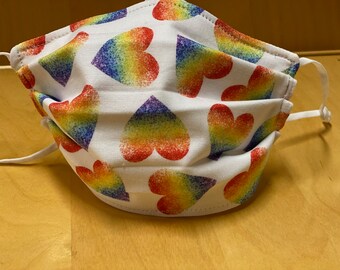 Rainbow Valentines Hearts Face Mask - Love - 3 Layers, Adjustable Ear Loops and Nose Bridge, Washable