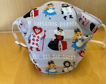 Alice in Wonderland Face Mask - Alice & Friends - 3 Layers, Adjustable Nose Bridge and Ear Loops, Washable