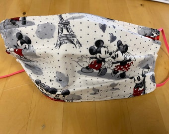 Mickey & Minnie Valentines Face Mask - Vintage Romance Paris -3 Layers Adjustable Nose Bridge, Ear Loops, Washable