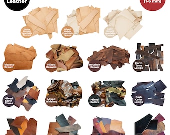 Pode incluir: Conjunto de peças de couro de sucata em várias cores e texturas, incluindo castanho tabaco, castanhos misturados, castanho bourbon, latigo tom terra, tons terra misturados, whisky misturado, cores misturadas, latigo cor escura, recortes de mistura de cor tan vegetal, recortes de mistura de cor tingida, recortes de mistura de cor latigo e recortes de mistura de cor búfalo. As peças de couro são de 2 a 15 onças e de 1 a 6 milímetros de espessura.