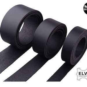 May include: Three rolls of black leather straps, each with a different width. The straps are 9/10 oz. (3.2-3.6 mm) thick. The straps are made by European Leather Works.