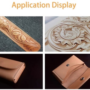 May include: Close-up of a leather carving tool being used to create a floral design on a piece of leather. The tool is being used to create a detailed design on a piece of leather. The leather is a light brown color and the tool is a dark brown color.