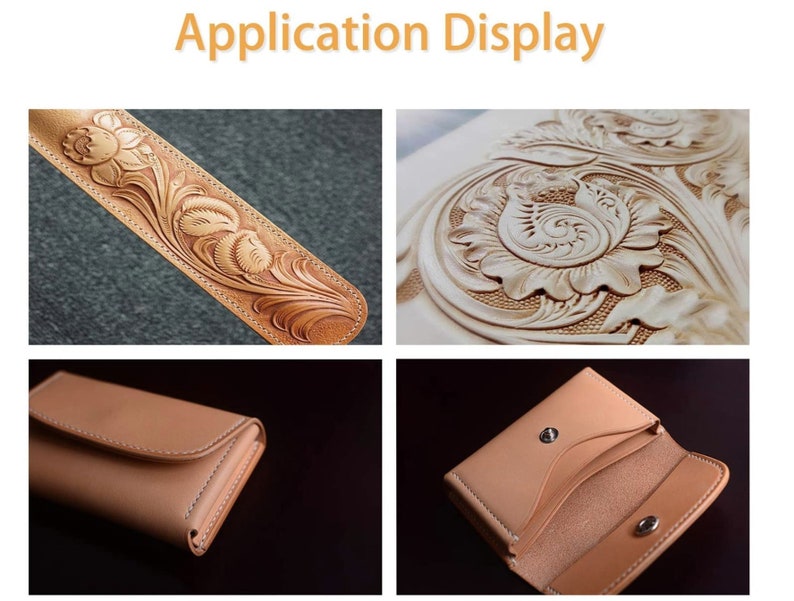 May include: Close-up of a leather carving tool being used to create a floral design on a piece of leather. The tool is being used to create a detailed design on a piece of leather. The leather is a light brown color and the tool is a dark brown color.