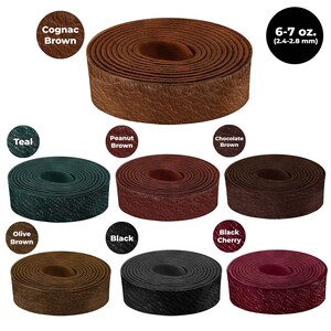 May include: Assortment of leather handlebar tape in various colors, including cognac brown, teal, peanut brown, chocolate brown, olive brown, black, and black cherry. The tape is 6-7 ounces and 2.4-2.8 mm thick.