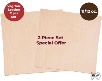 May include: Two pieces of veg tan leather in a special offer set. The leather is light brown and has a natural grain. The set weighs 11/12 ounces.