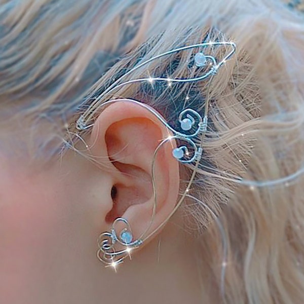 Elven Ear Cuffs, Fae Ears, Elf Jewelry, Cosplay Elven Wrap Earrings, Fairy Cuff, No Piercing Pearl Elven Ornament, Silver Wedding Swirls