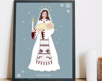 Mother Goddess Boldogasszony Art Print, Winter Maiden Illustration, Goddess of Children and Love Art Print, Magyar Winter Goddess Decor