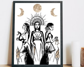 Hecate Art Print, Triple Goddess Print, Glossy Shine Art print, Moon Goddess, Maiden Mother Crone Illustration, Magick Art Print, Hekatea