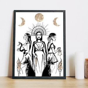 Hecate Art Print, Triple Goddess Print, Glossy Shine Art print, Moon Goddess, Maiden Mother Crone Illustration, Magick Art Print, Hekatea