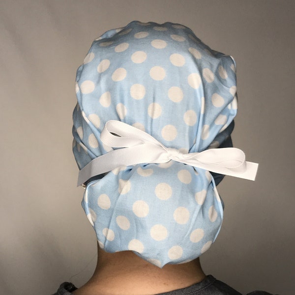 Light Blue with Large White Polka Dots Scrub Cap / with buttons / ponytail scrub cap / long hair scrub hat / for women / surgical scrub cap