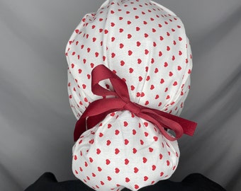 Tiny Valentine Heart Scrub Cap / with buttons / ponytail scrub cap / long hair scrub hat / scrub cap for women / surgical scrub cap / PPE