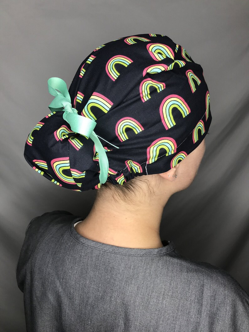 Rainbows on Navy Scrub Cap // with buttons // ponytail scrub cap // long hair scrub hat // scrub cap for women // surgical scrub cap // PPE image 2