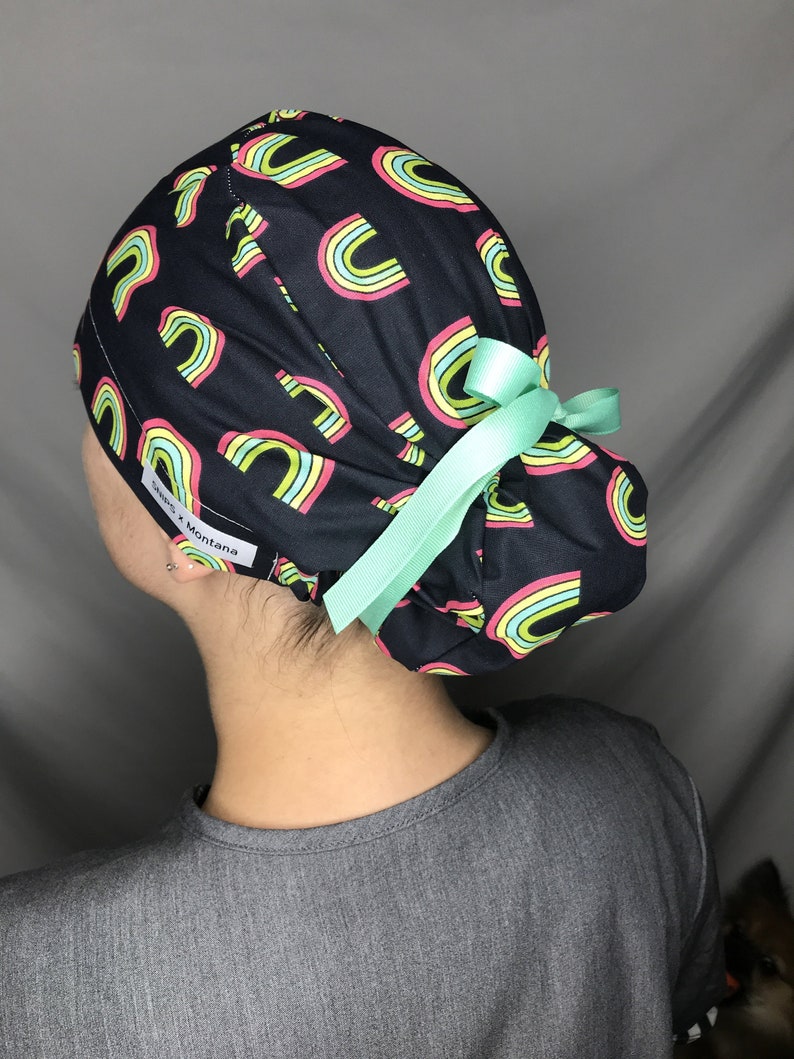 Rainbows on Navy Scrub Cap // with buttons // ponytail scrub cap // long hair scrub hat // scrub cap for women // surgical scrub cap // PPE image 3