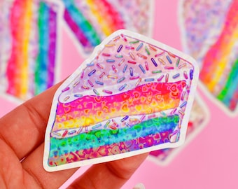 Holographic Rainbow Cake Slice Sticker | Waterproof Vinyl Sticker | Dessert and Food | Stationery Sticker