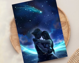 May include: A digital illustration of two people embracing under a starry night sky. The couple is silhouetted against a blue and purple sky with a bright shooting star.