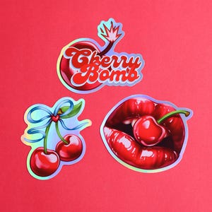 Holographic Cherry-Themed Sticker | Waterproof Vinyl Sticker | Stationery and Journal Sticker | Water bottle Sticker